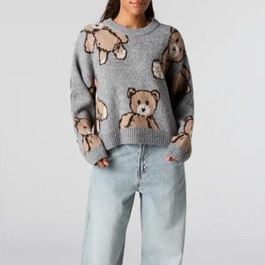 Teddy Bear Jacquard Knit Cropped Sweater - Size S